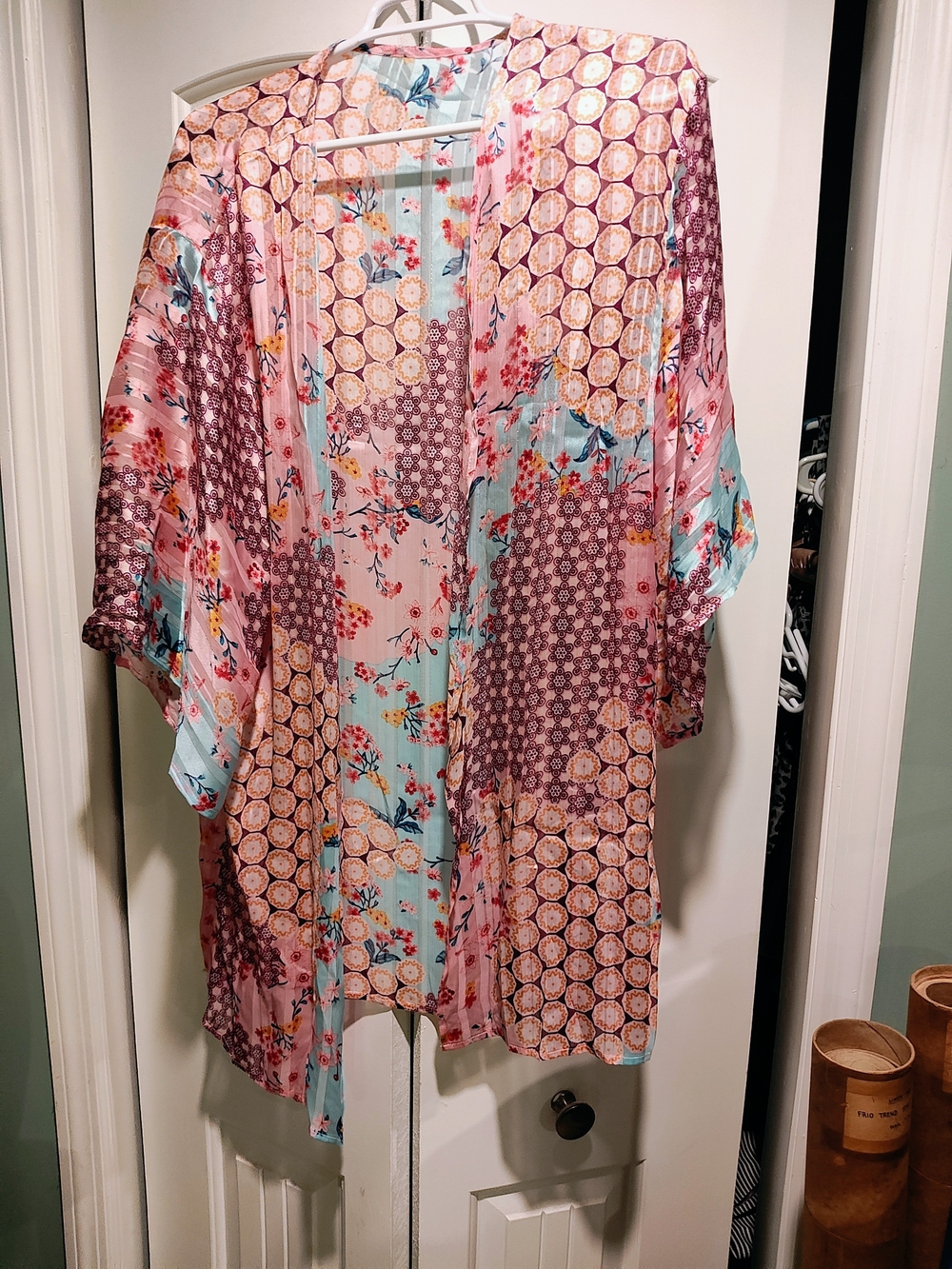 SHEIN Multicolor Floral Patchwork Kimono — Pink, Blue & Purple Accents